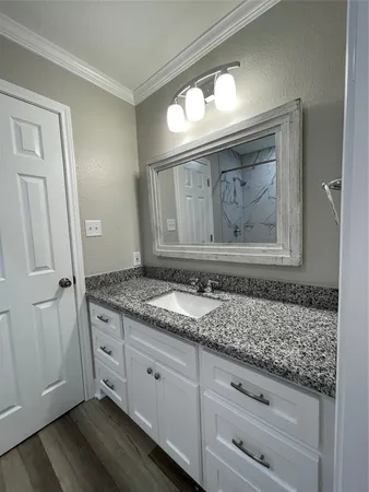 a bathroom with a granite countertop sink and mirror