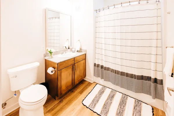 a bathroom with a granite countertop toilet a sink and a bathtub