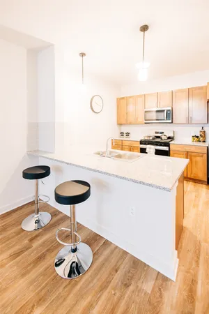 a kitchen with stainless steel appliances granite countertop a sink a stove and chairs with wooden floor