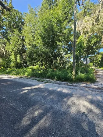 a view of a field with trees in the background