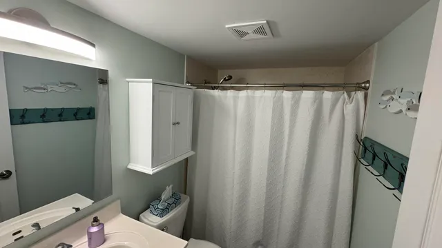 a bathroom with a shower curtain and a curtain