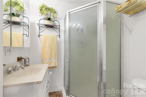 a bathroom with a sink mirror and shower