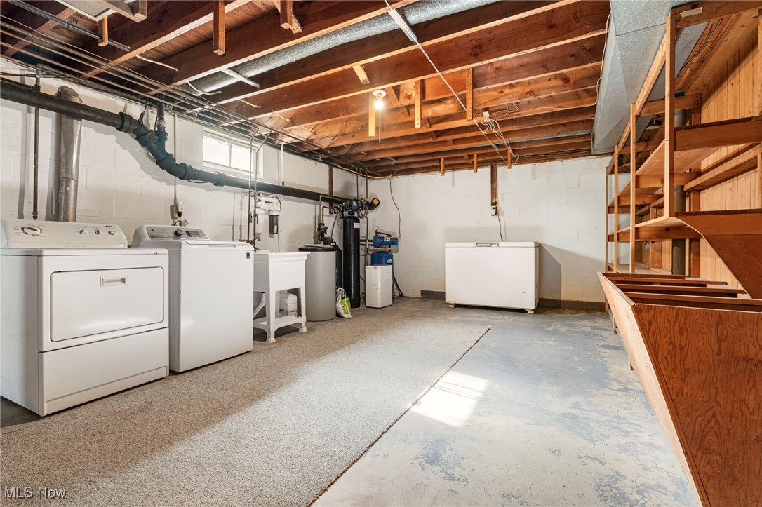 3966 Wadsworth Road Barberton, OH 44203 - Photo 23 of 28 Basement with white refrigerator, separate washer and dryer, and a water softener