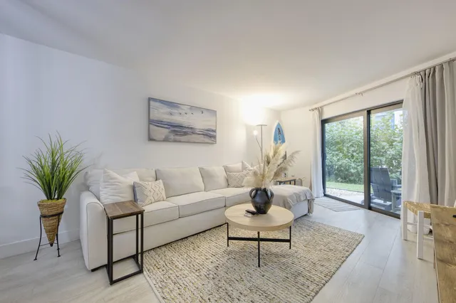 a living room with furniture and a potted plant
