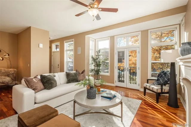 a living room with furniture and a large window with garden view