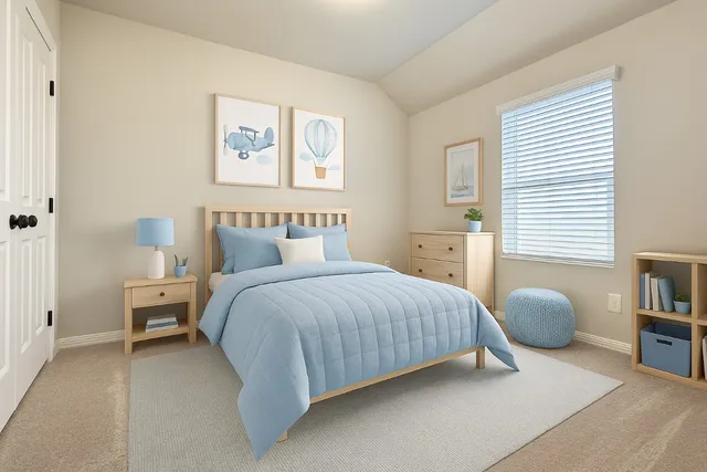 a bedroom with a bed and a large window