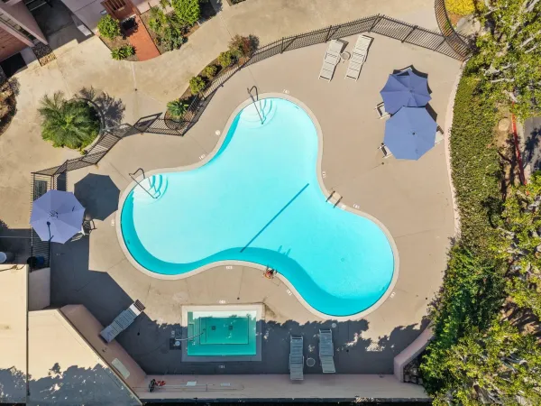 an aerial view of a swimming pool