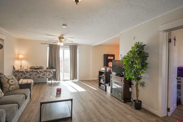 a living room with furniture and a potted plant