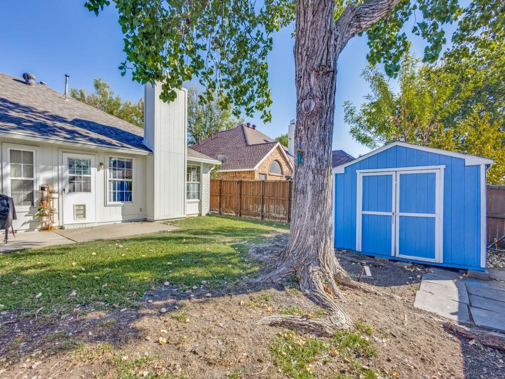 7129 Sample Drive The Colony, TX 75056 - Photo 23 of 25 Fenced backyard featuring a storage shed and a patio