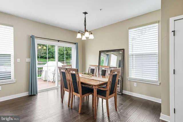 a view of a dining room with furniture wooden floor and chandelier