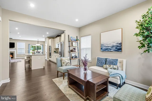 a living room with fireplace furniture and a wooden floor