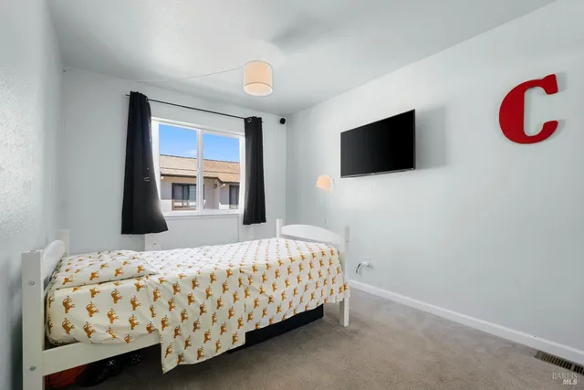 a bedroom with a bed and a flat screen tv