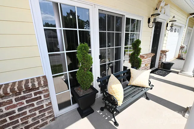 a view of potted plants in front of building