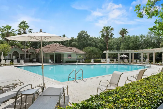 an outdoor view with patio