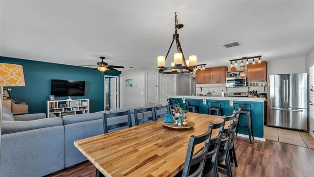 a view of a dining room with furniture