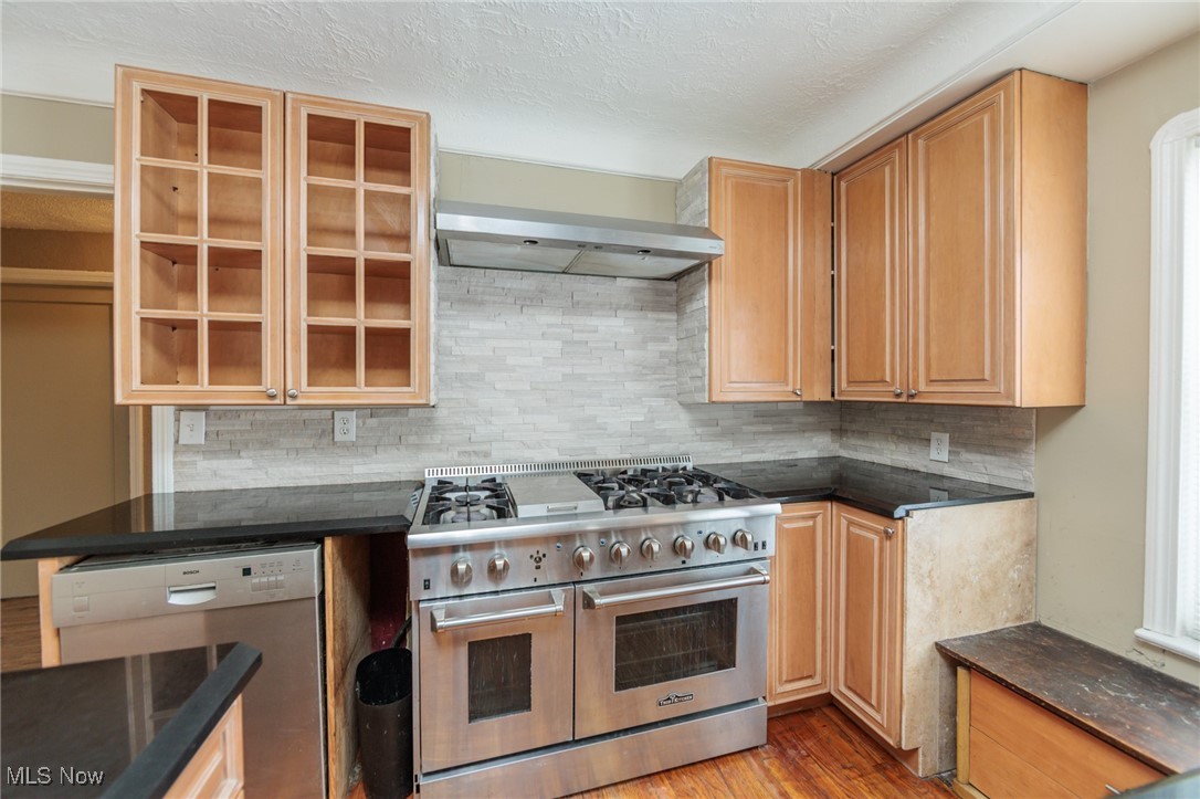 5062 Lee Road Maple Heights, OH 44137 - Photo 13 of 50 Kitchen with stainless steel appliances, backsplash, range hood, light wood-style floors, and dark stone counters
