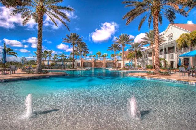a view of a yard with palm trees