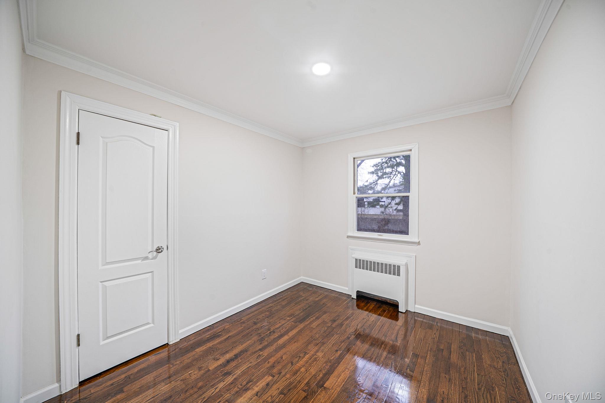 119 Foster Road Ronkonkoma, NY 11779 - Photo 19 of 26 Unfurnished room featuring radiator heating unit, dark wood-style floors, and crown molding