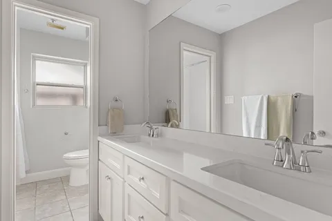 a bathroom with a sink a toilet and a large mirror