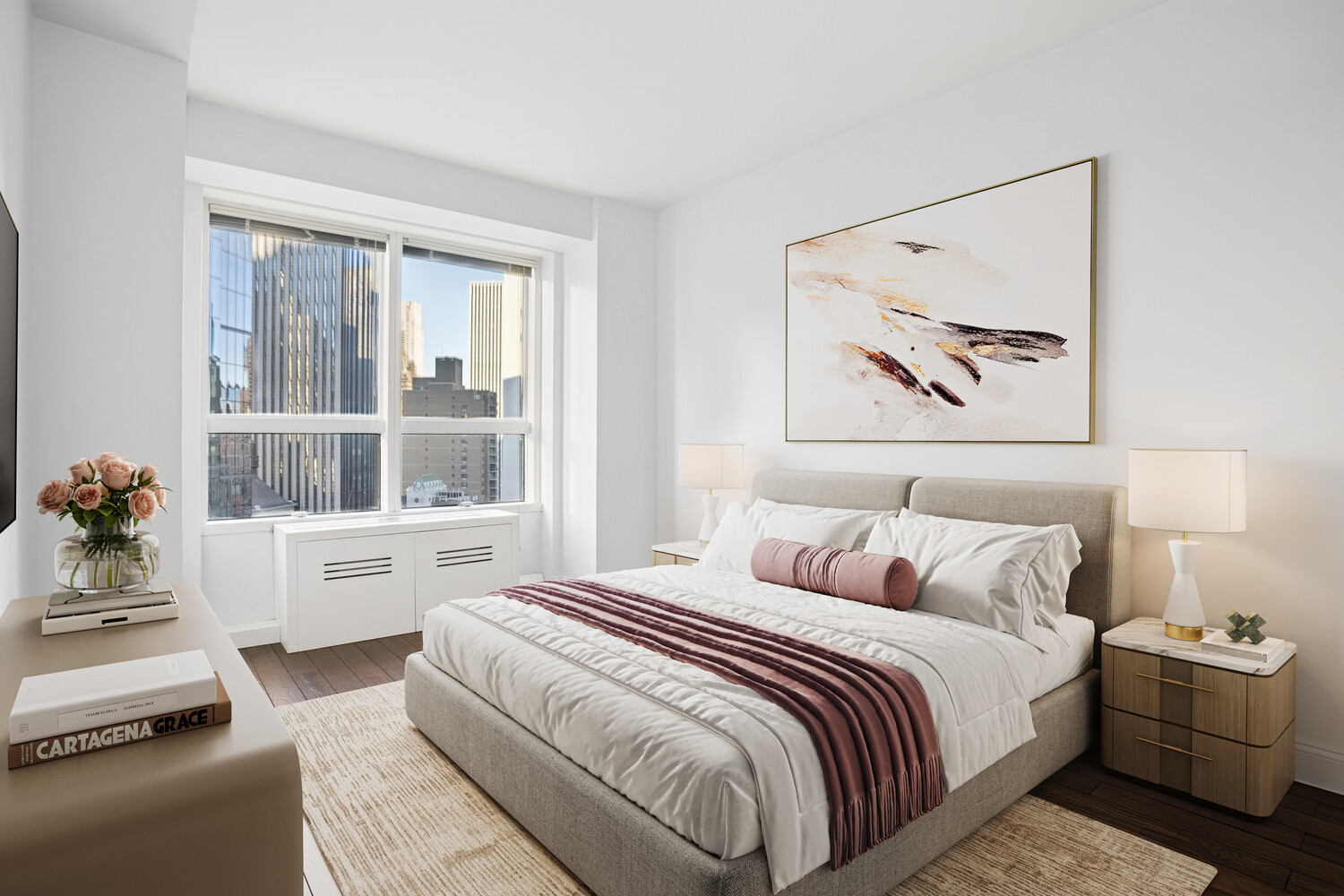 146 West 57th Street, Unit 34A Manhattan, NY 10019 - Photo 6 of 15 a bedroom with a bed and a large window