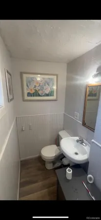 a bathroom with a sink toilet and mirror