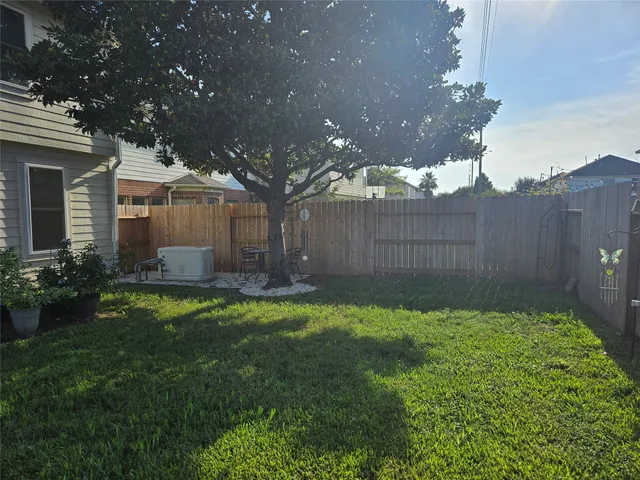 a view of a backyard with plants and large trees
