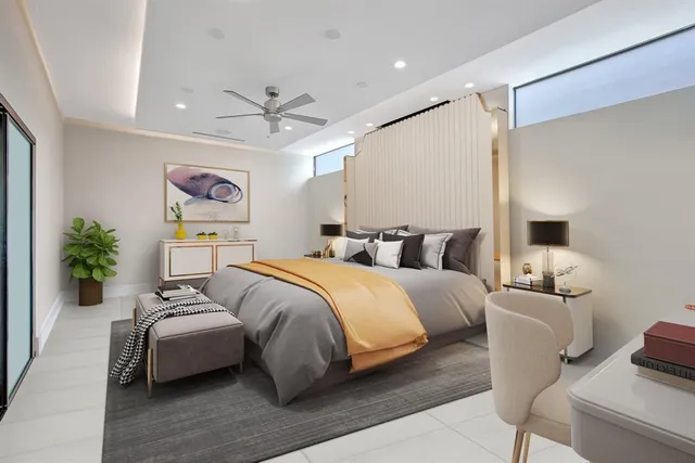 a spacious bathroom with a tub shower and mirror