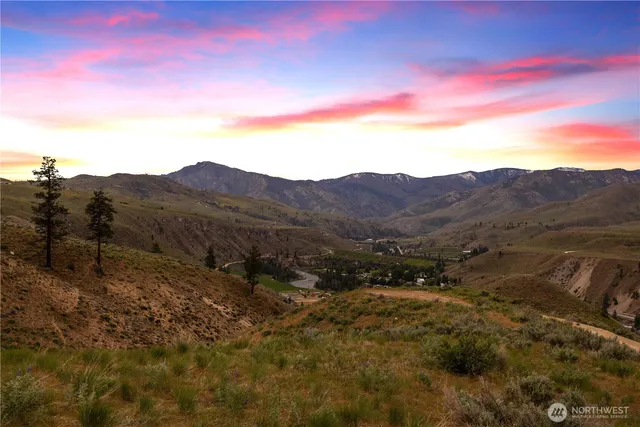 a view of a dry yard with mountains in the background