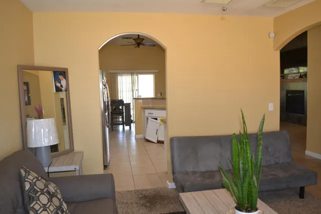 a living room with furniture and a potted plant