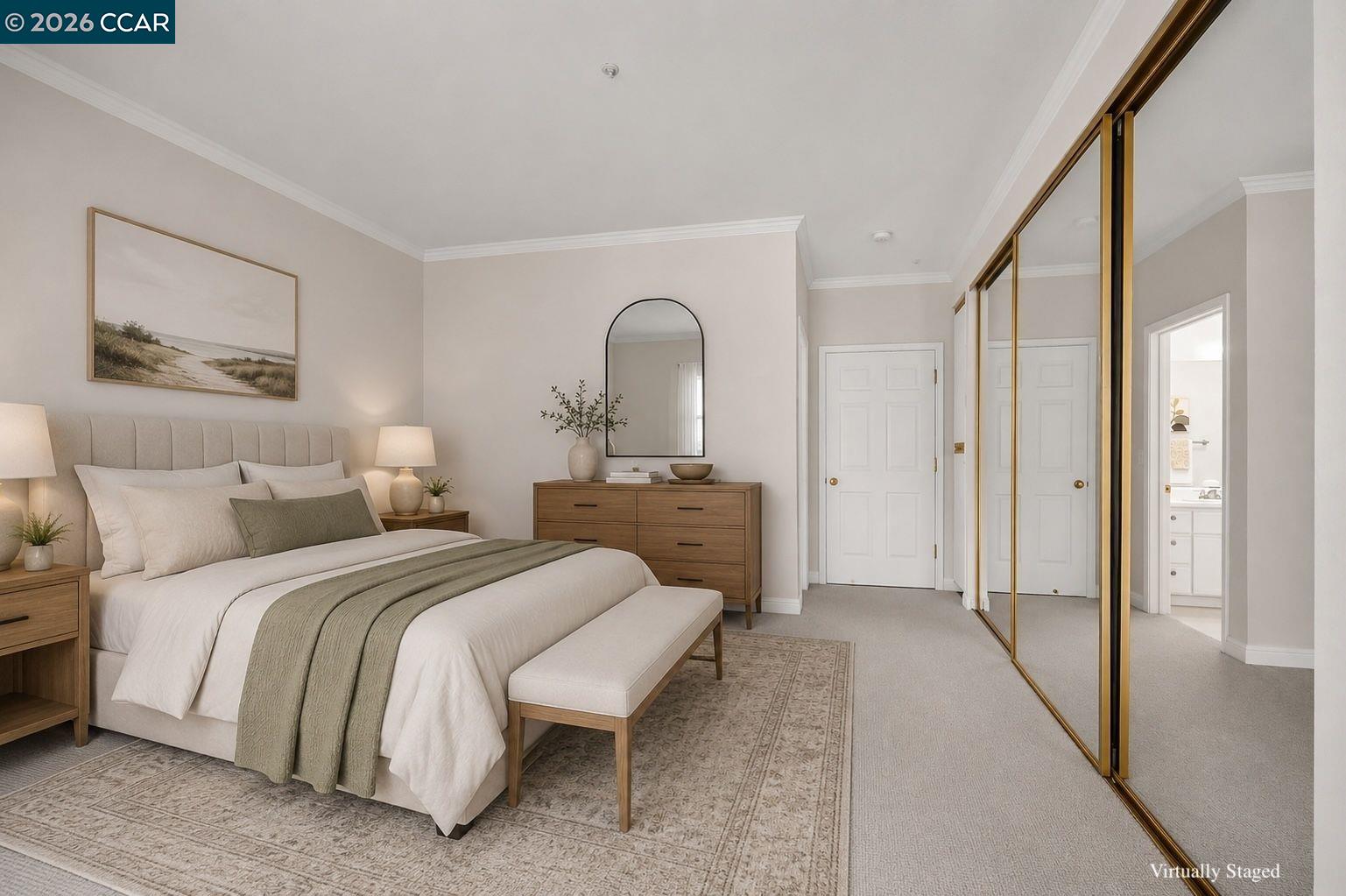 2586 Oak Road, Unit 130 Walnut Creek, CA 94597 - Photo 15 of 31 a spacious bedroom with a bed and a painting on the wall