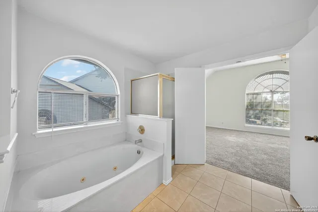 a bathroom with a bathtub and a shower