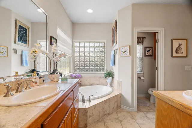 a bathroom with a tub a sink and a large mirror
