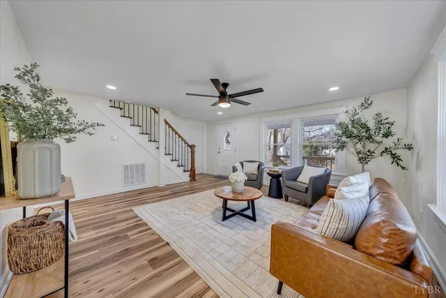 a living room with furniture and a potted plant