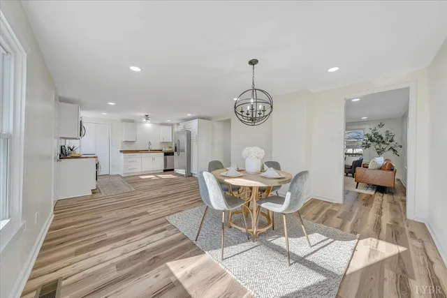 a view of a dining room with furniture