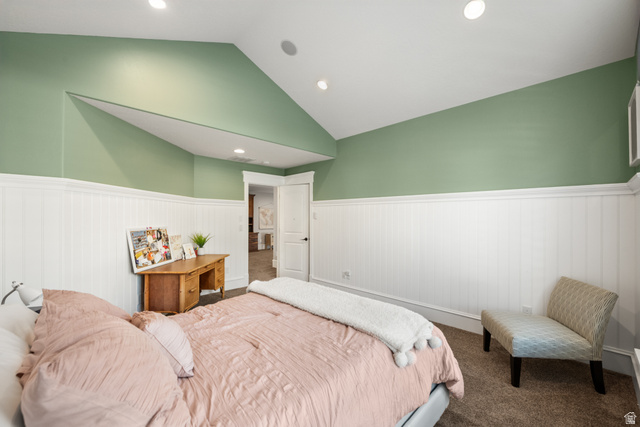 1205 North Elk Rdg Lane, Unit 202 Alpine, UT 84004 - Photo 65 of 88 Vaulted ceiling bedroom featuring recessed lighting, two-tone wall treatment with beadboard wainscoting, and carpet flooring