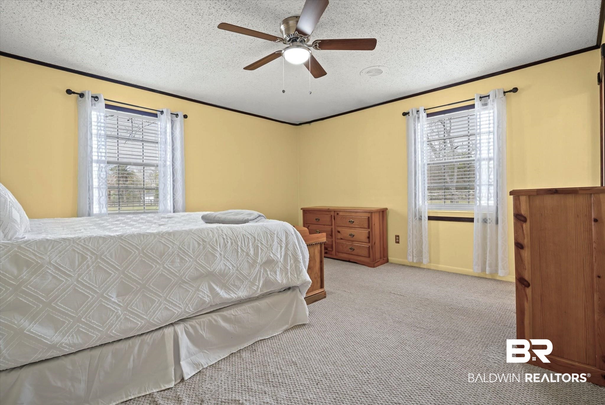 8090 Murray Hill Road Irvington, AL 36544 - Photo 17 of 40 Bedroom featuring light colored carpet, a textured ceiling, ceiling fan, and crown molding