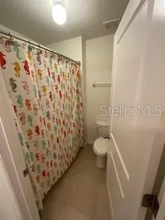 a bathroom with a toilet and a shower curtain