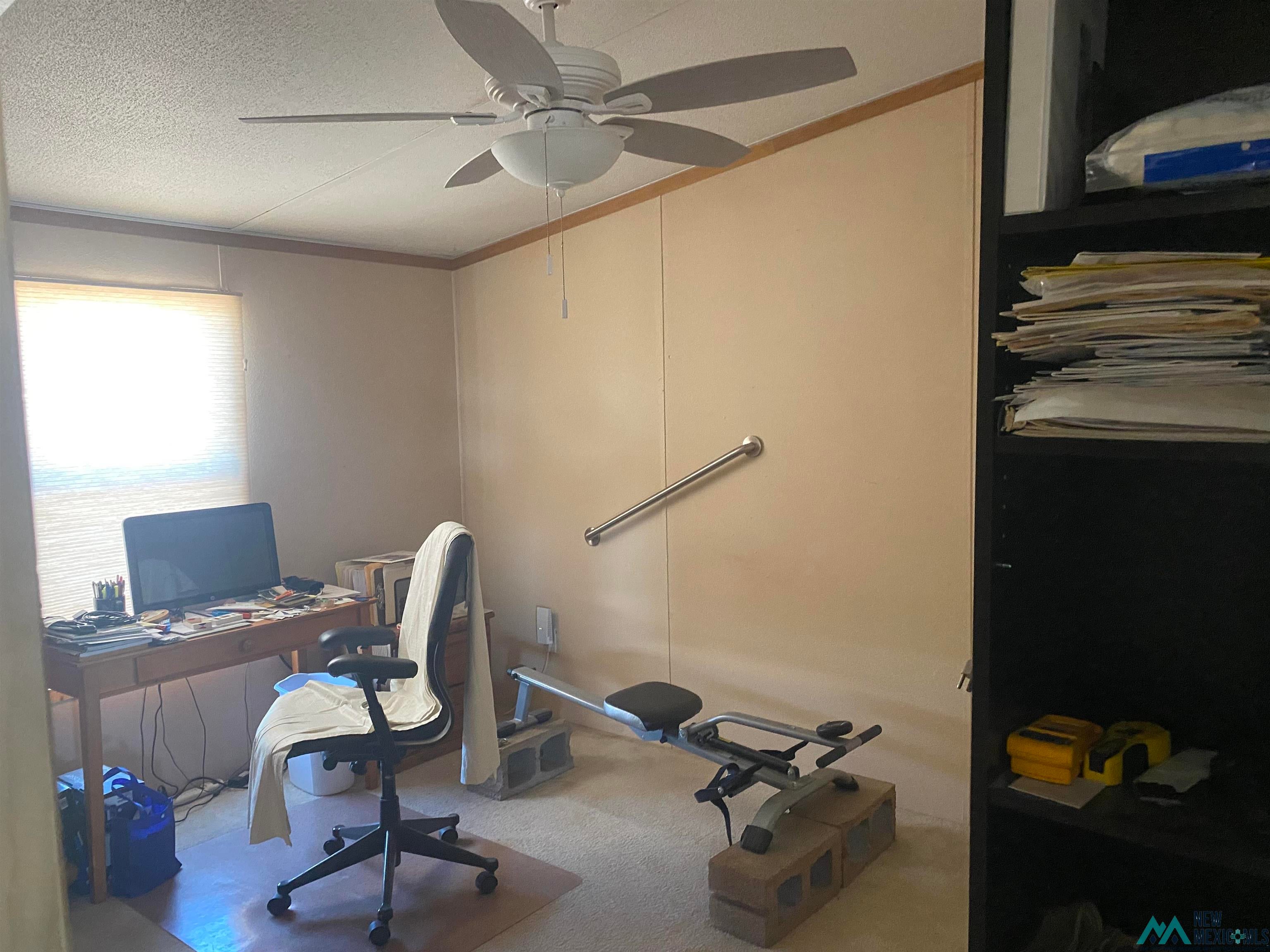 465 Irritabe Road Northeast Deming, NM 88030 - Photo 9 of 24 Office space with a ceiling fan, a textured ceiling, and light colored carpet