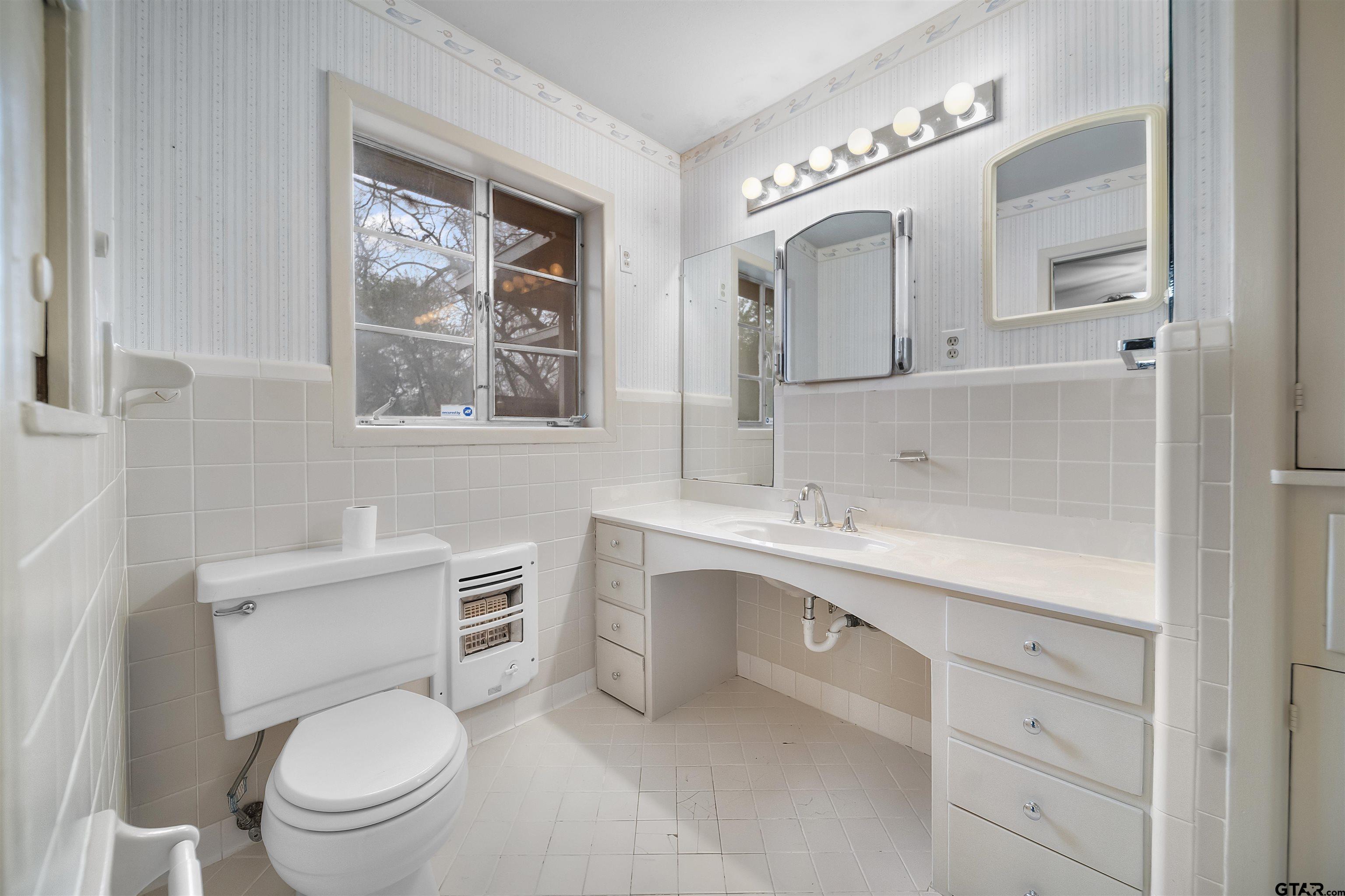 2521 Pounds Tyler, TX 75701 - Photo 18 of 40 a bathroom with a toilet a sink a mirror a window and vanity