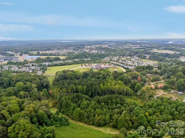 an aerial view of residential houses with outdoor space and trees