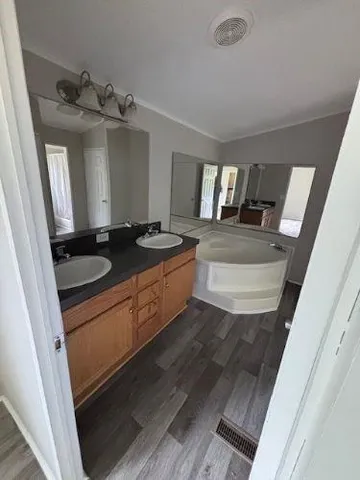 a bathroom with sink and mirror