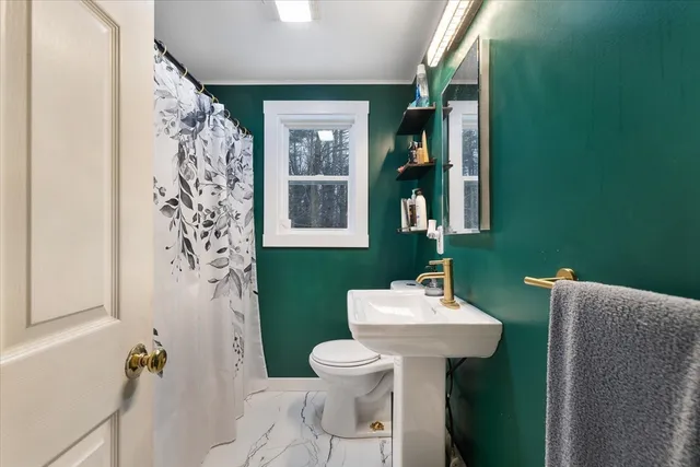 a bathroom with a sink toilet and mirror