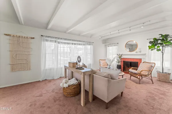 a living room with furniture a fireplace and a potted plant