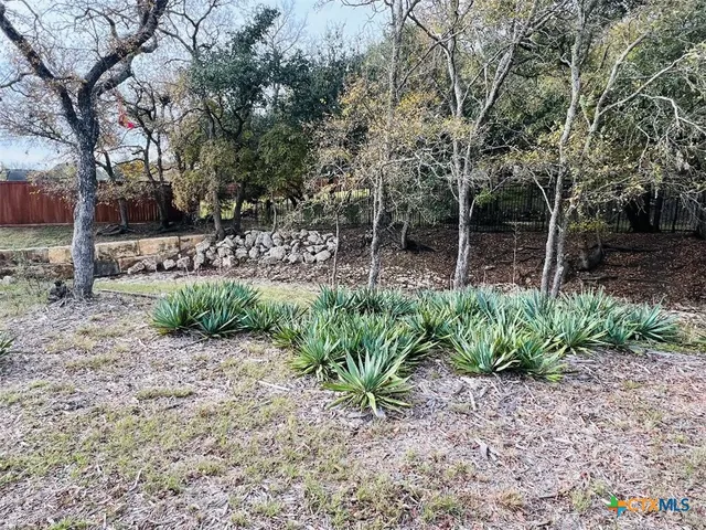 a garden view with a seating space