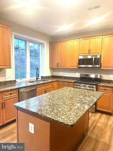 a kitchen with stainless steel appliances granite countertop a stove a sink and a granite island