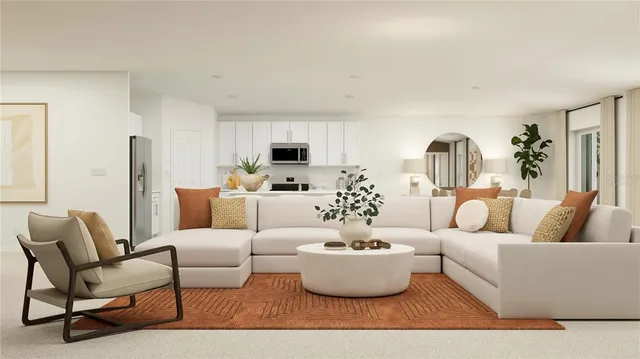 a living room with furniture and a table