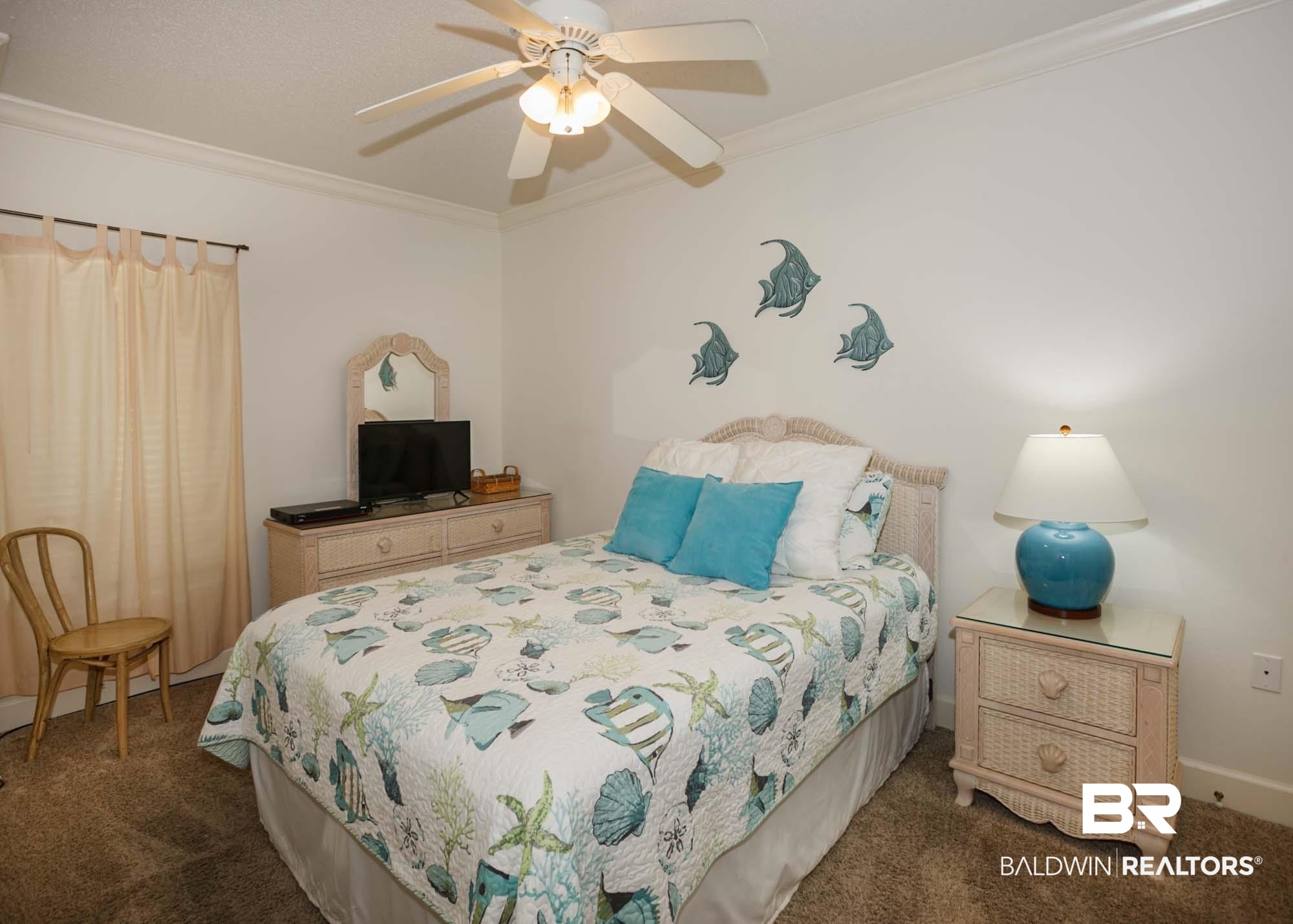 28910 Perdido Beach Boulevard, Unit 4B Orange Beach, AL 36561 - Photo 30 of 48 Carpeted bedroom with a ceiling fan, ornamental molding, and baseboards