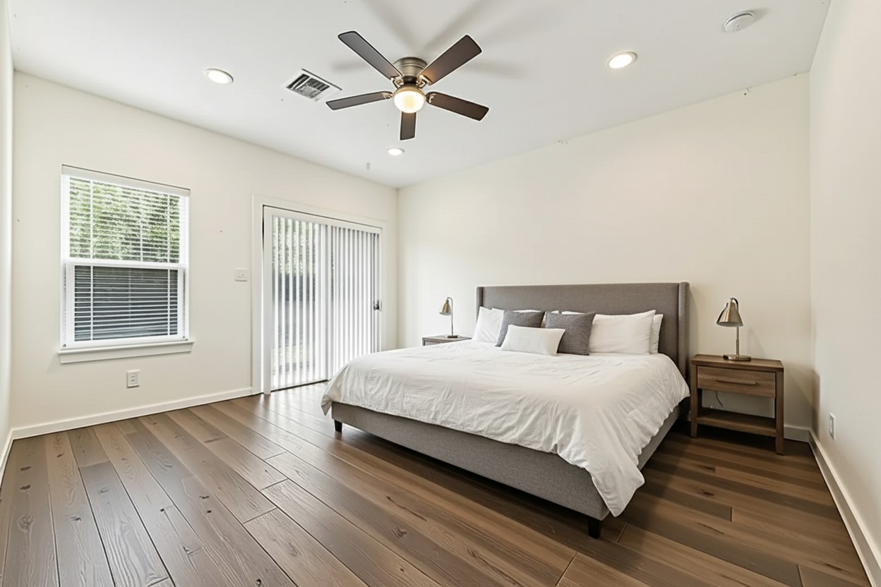 1035 Junell Street Houston, TX 77088 - Photo 12 of 14 a bedroom with a large bed chandelier and a window