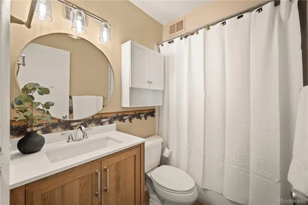 a bathroom with a sink a toilet and shower curtain