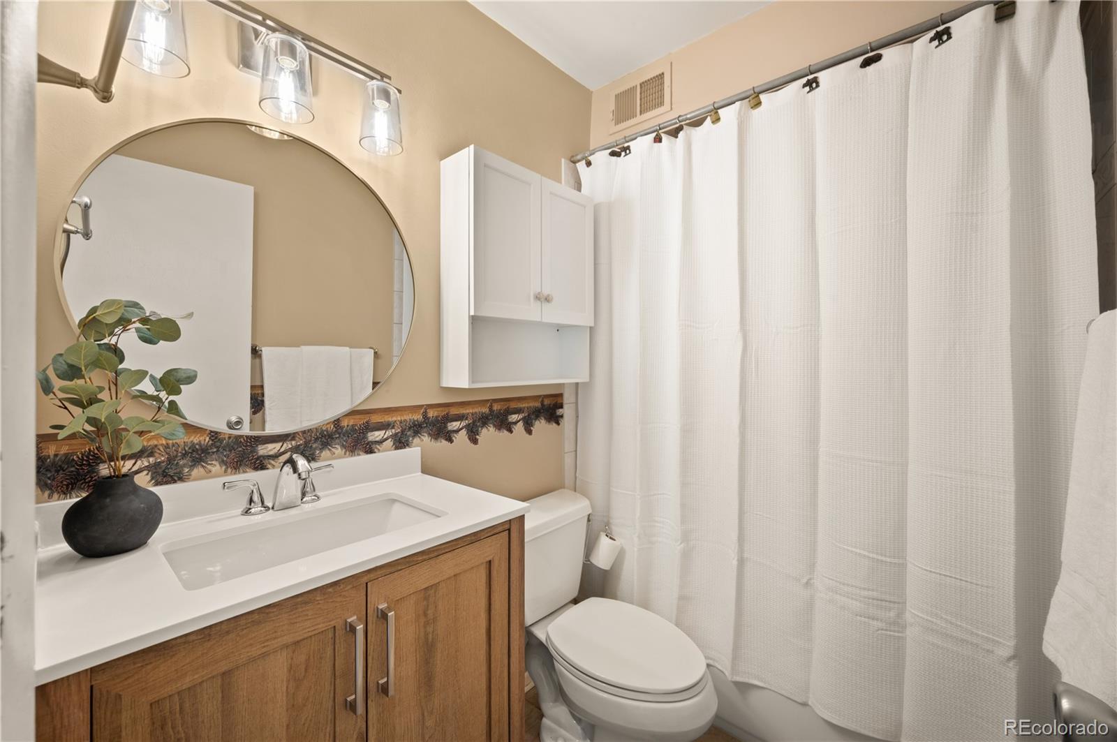 1890 Argentine Street, Unit 303 Georgetown, CO 80444 - Photo 9 of 22 a bathroom with a sink a toilet and shower curtain